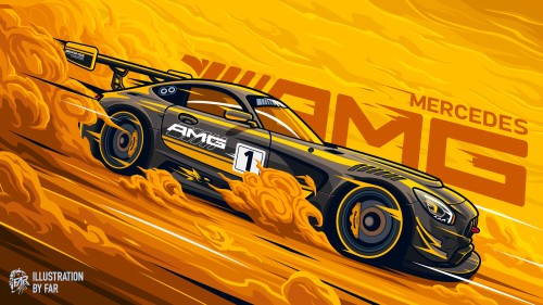 digital art, artwork, illustration, vehicle, car, Mercedes-AMG GT, race cars, smoke, yellow, watermarked, car spoiler, German cars, side view, Grand Tour | 2535x1425